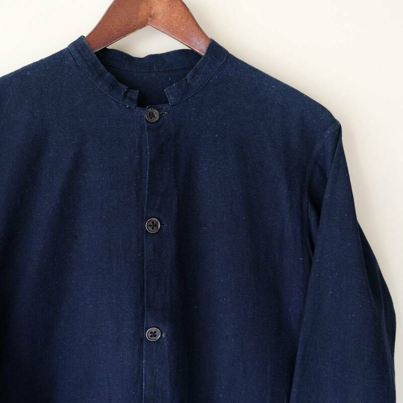 10s20s【 ヨーロッパ ビンテージ 】インディゴ リネン コットン スタンドカラー シャツ ジャケット / 藍 / フランス ワーク カバーオール