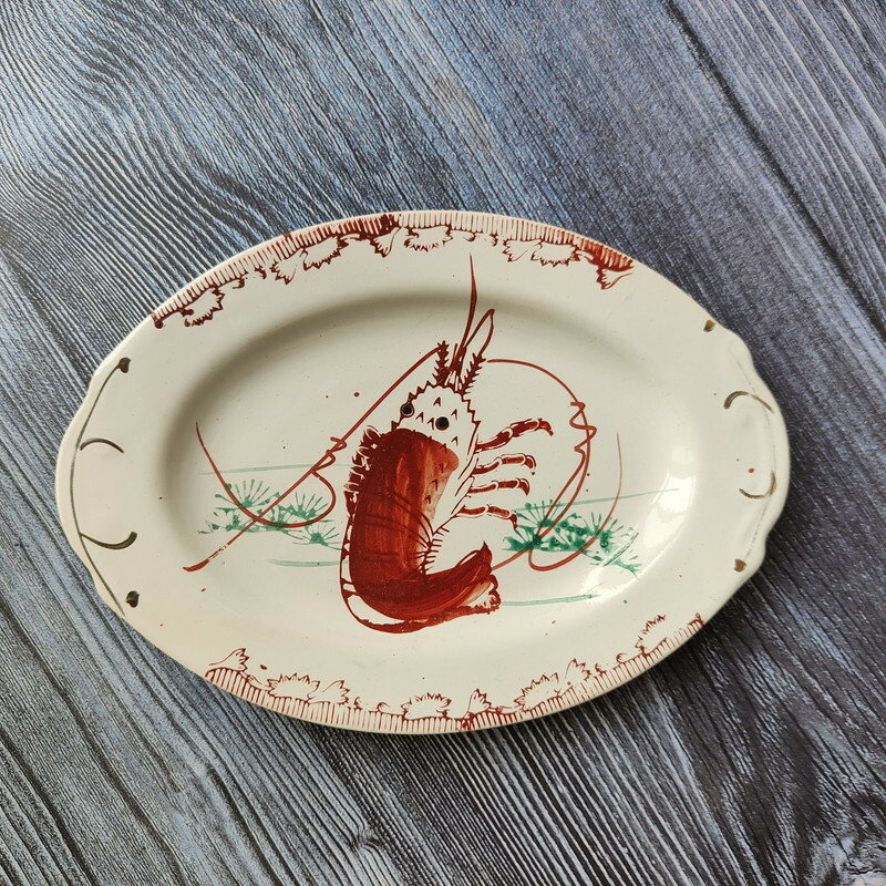 XPm2 ◆台湾レトロ◆オーバル皿 楕円形皿 エビ 蝦 ◆台湾食器◆ヴィンテージ fo1e3454002