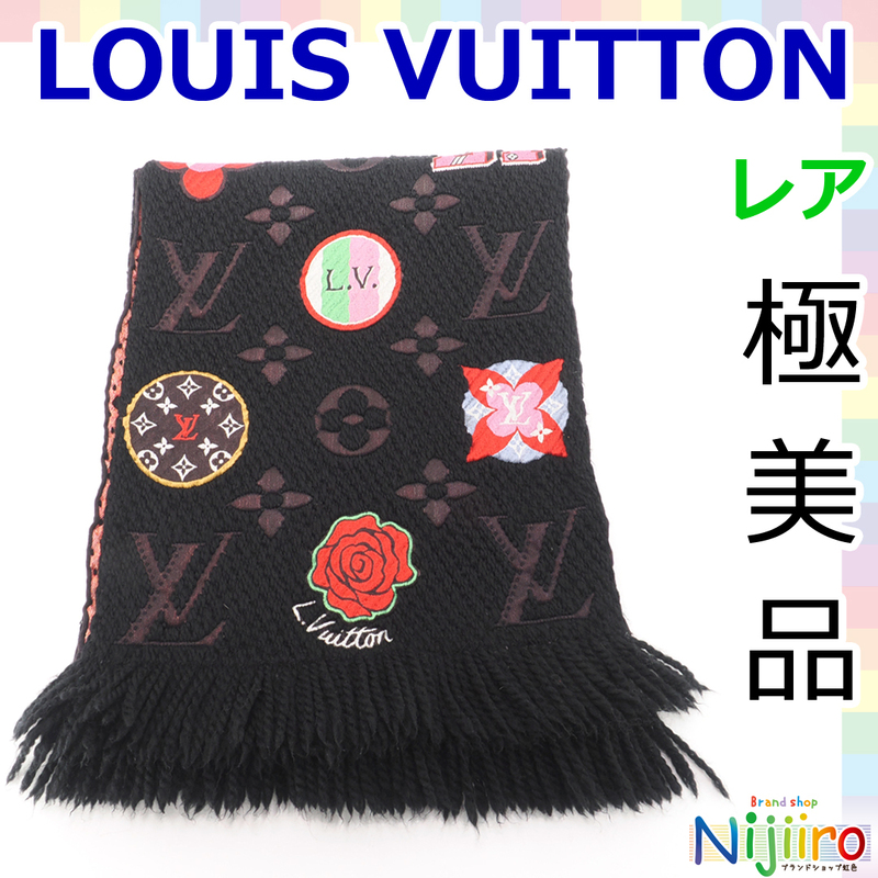 【極美品】ルイヴィトン エシャルプ モノグラム ロゴマニア LV ストーリーズ ウール シルク マフラー ショール ブラック 黒 ピンク 紫