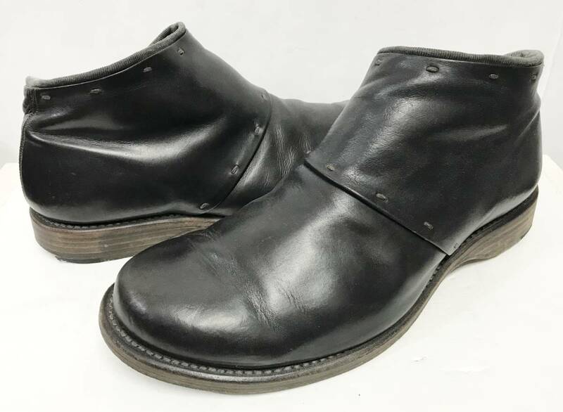 26.5-27cm / DEVOA デヴォア スリッポンレザーブーツ ブラック 42 オーバーロック シューズ 靴