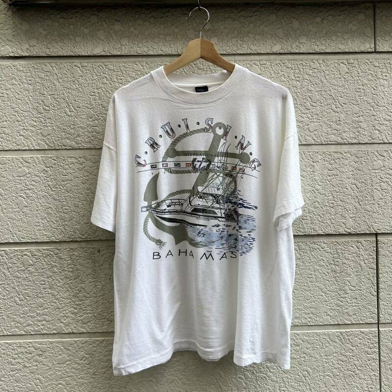 80s 90s USA古着 白 プリントTシャツ 半袖Tシャツ クルージング 船 プリント アメリカ古着 vintage ヴィンテージ シングルステッチ XXL