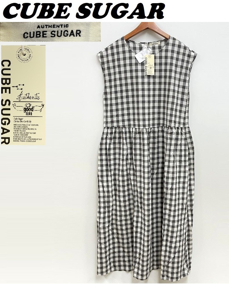 /M/ CUBE SUGAR ブラック系 ギンガムチェックフレンチスリーブシャツワンピース ボタン レディース ロング タグ キューブシュガー