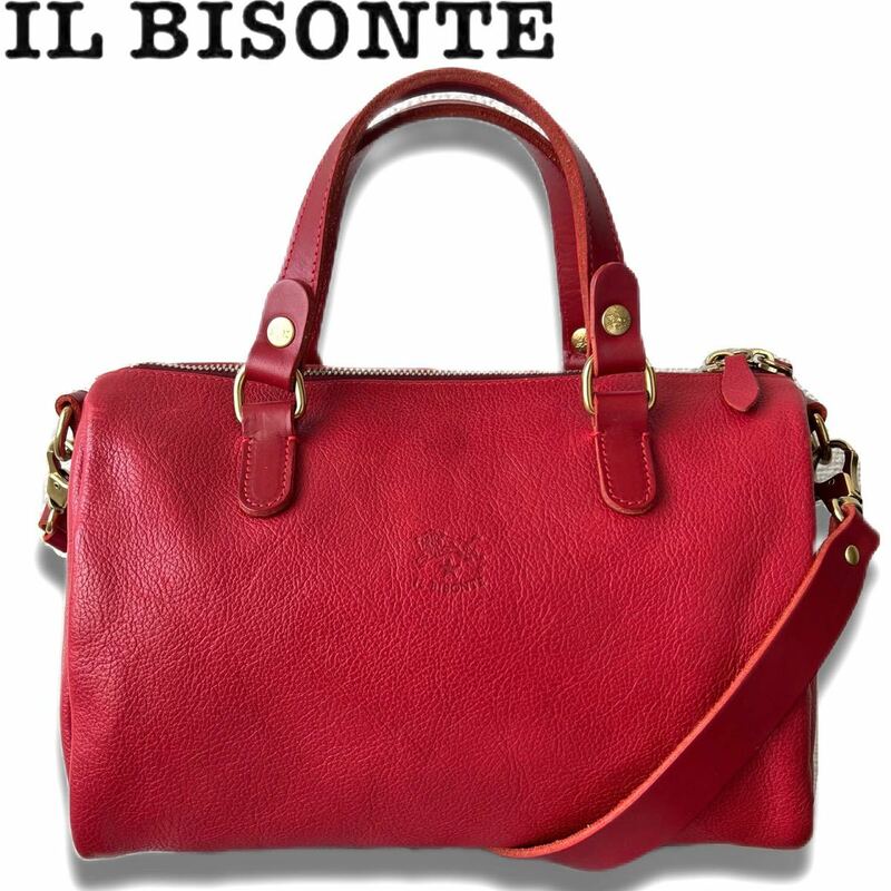 【送料無料】IL BISONTE イルビゾンテ 2way ボストンバッグ　ショルダーバッグ　ハンドバッグ　レッド　赤　レザー　本革　カバン　鞄