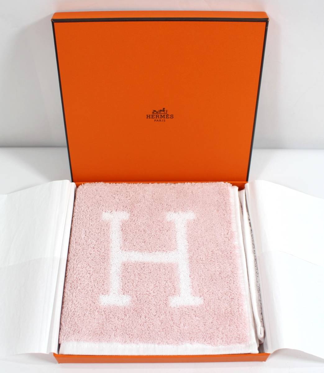 Y5624＃◆未使用品◆エルメス ハンドタオル アヴァロン コットン100％ フランス製 ピンク X ホワイト