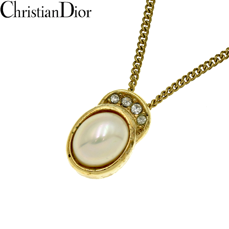 Christian Dior クリスチャンディオール フェイクパール×ラインストーン ネックレス ゴールド
