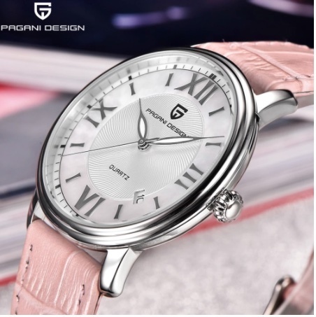 ファッションカジュアル女性クォーツ時計自動日付ピンクエレガントなケース革防水女性の腕時計