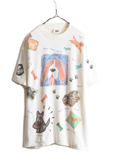 90s USA製 ★ rel e vant products アニマル 犬 アート オールオーバー プリント Tシャツ メンズ L / 90年代 総柄 動物 キャラクター 大判