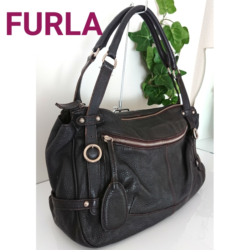 正規 フルラ ビンテージ レザー ショルダーバッグ ハンドバッグ 黒 ブラック ダーク ブラウン Furla ヴィンテージ イタリア製