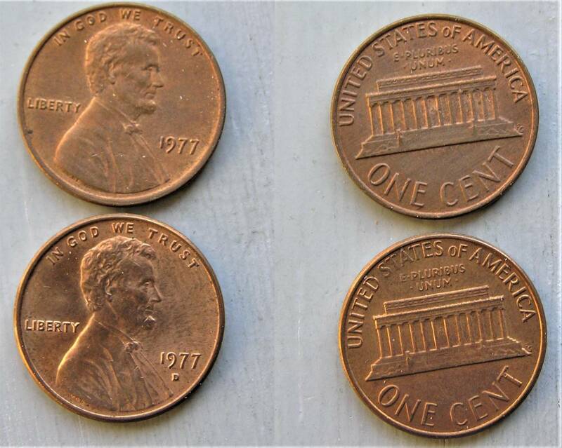 アメリカ 　1セント　青銅貨　1977（ー、D) 合計2個　(Y-5b、リンカーン・セント）