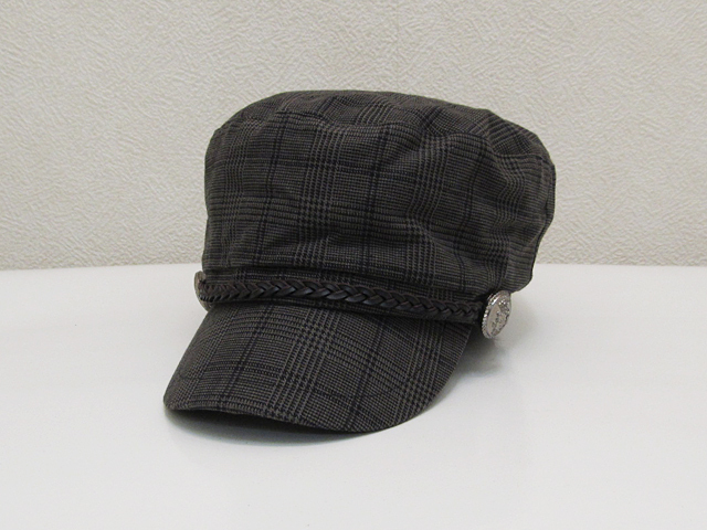 編みベルト付きチェックキャスケット ワークキャップ 濃灰チャコールグレー / CAP帽子