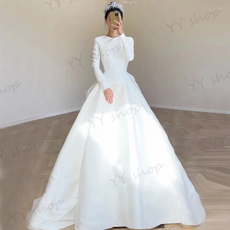 H001 独特 高級サテン ウェディングドレス ロングドレス トレーン Aライン 長袖 白 XS~XL 花嫁 結婚式 舞台 撮影 イベント