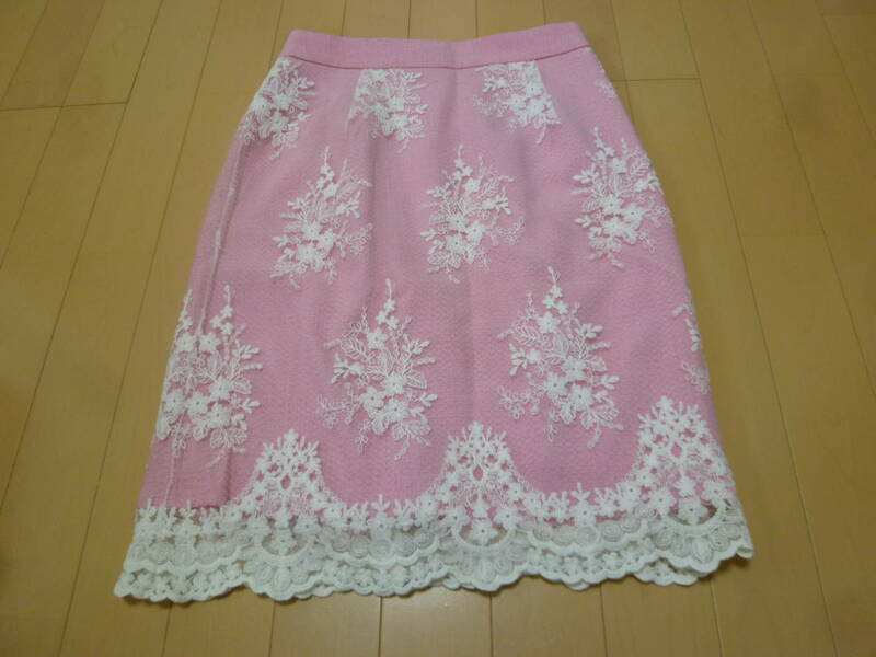 【新品】cherry Ann/チェリーアン♪ピンクオーガンジー花柄刺繍レースタイトスカートF/膝丈桜色サクラさくら定価6450円+税姫系♪320