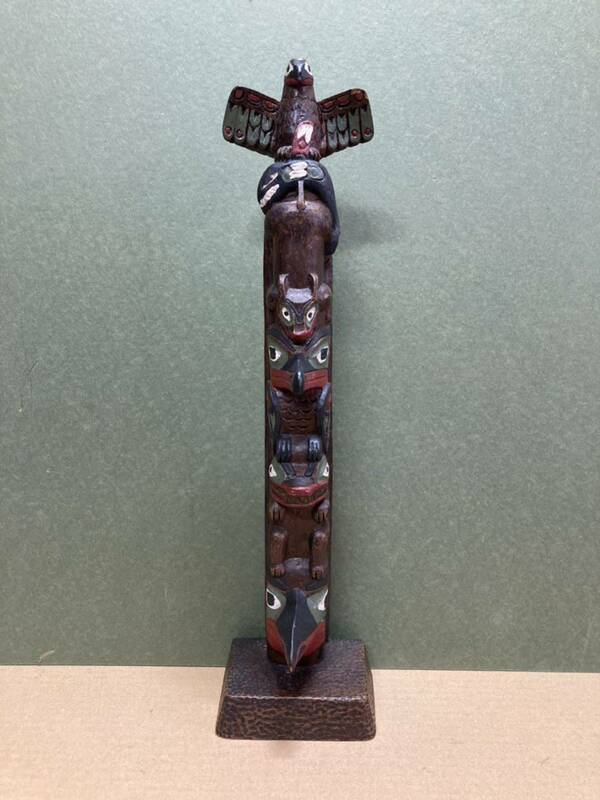 トーテムポール　サンダーバード　インディアン　カナダ　置物　コレクション　ビンテージ　レトロ木製　彫刻　民族　35×9.5×8