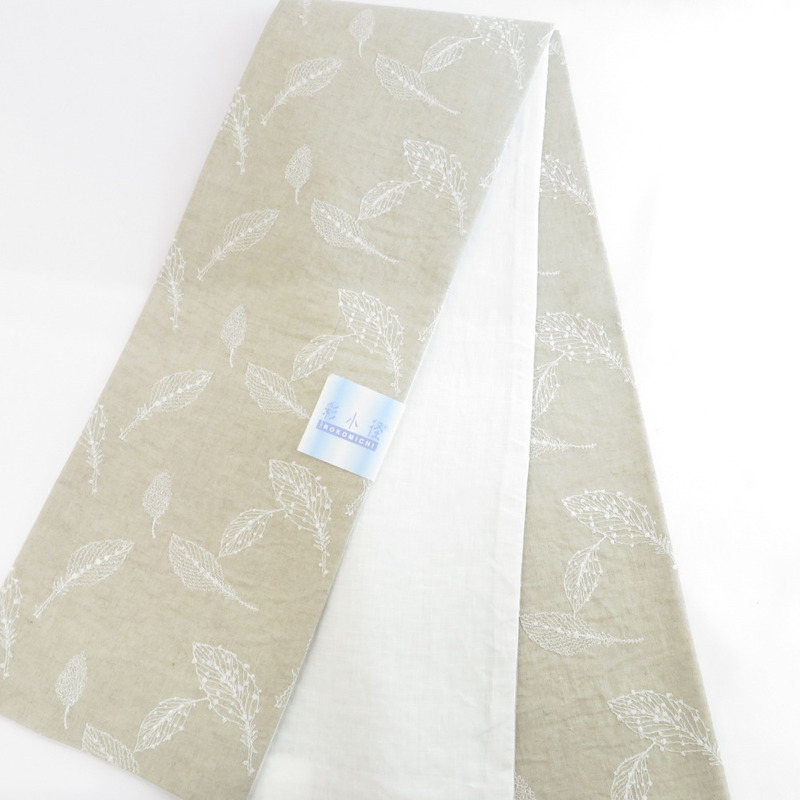 半幅帯 半巾帯 小袋帯 麻 刺繍 ベージュ×ホワイト リーフ 葉柄 細帯 カジュアル用 小紋 浴衣 仕立て上がり 日本製 長さ400cm 新品