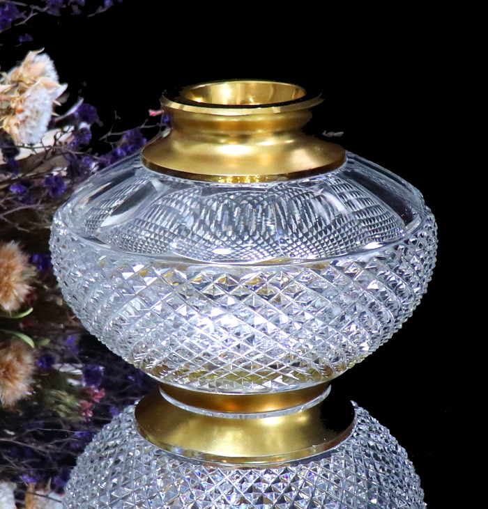 オールド・バカラ (BACCARAT) 1900年 大型 約1kg 金彩 花瓶 ディアマン・ビゾー ゴールド アンティーク 切子 ダイヤモンド 斜角 ギヤマン 