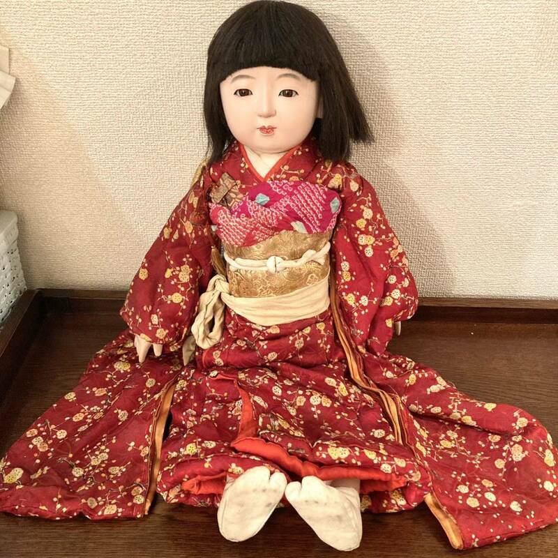 美品　アンティーク　市松人形　赤　着物　人毛　骨董　和骨董　ドール　大きめ　女の子 日本人形