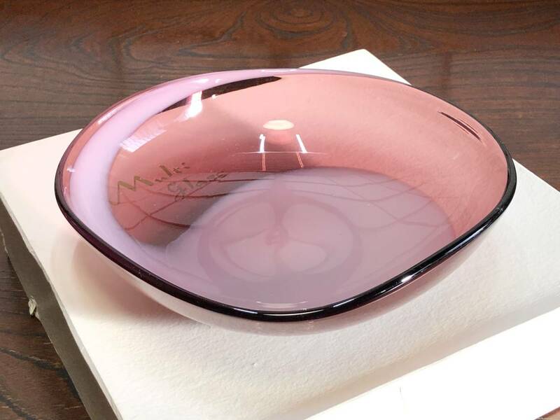 【マルチグラス】　昭和レトロ　『二色ガラス多用鉢』　26ｃｍ　未使用保管品　　N0317F
