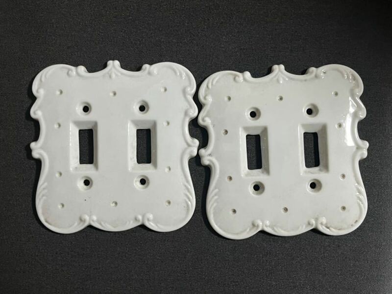 B スイッチカバー 2枚セット 白磁 陶器 検: コンセントカバー DIY インテリア リフォーム 壁 配線 電気 レトロ ビンテージ アンティーク