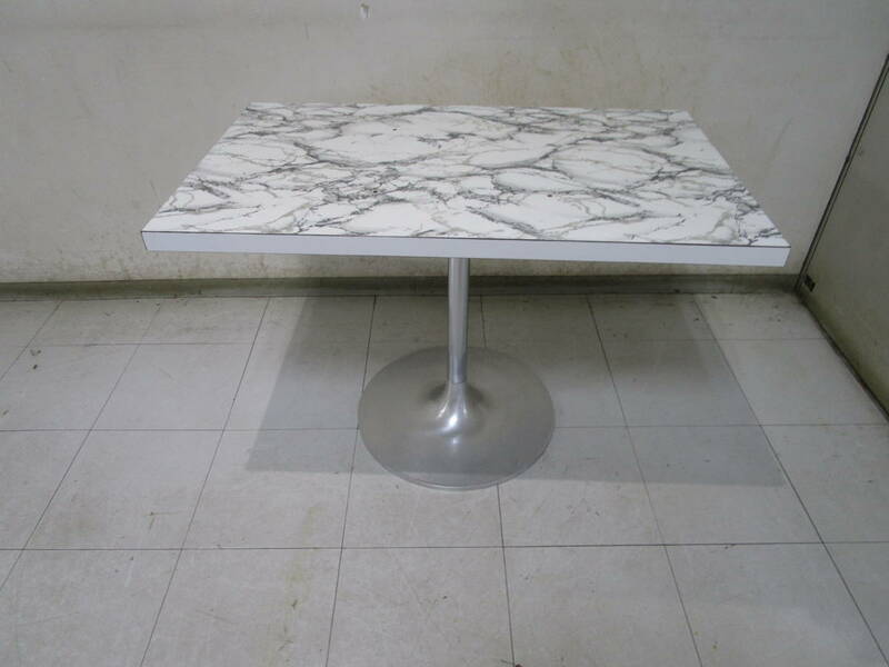 I732★テーブル カフェテーブル サイドテーブル 1本脚 木製 長方形 大理石柄★中古品
