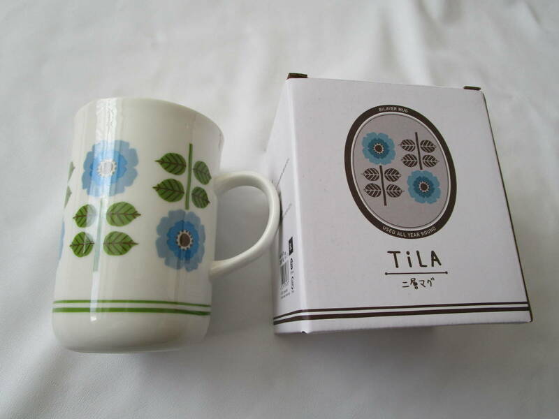 TiLA マグカップ 二層マグ 保温 保冷 ブルー花柄 大きめサイズ ２２０ml 未使用品