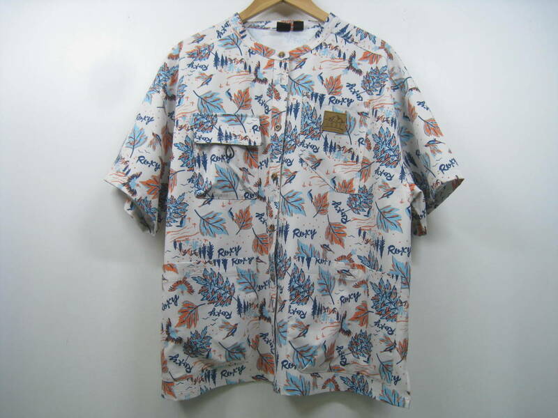 Roxy ロキシー シャツ 半袖 柄 葉っぱ 葉 リーフ 鳥 バード ロゴ レディース 白×青×オレンジ ホワイト ブルー サイズL