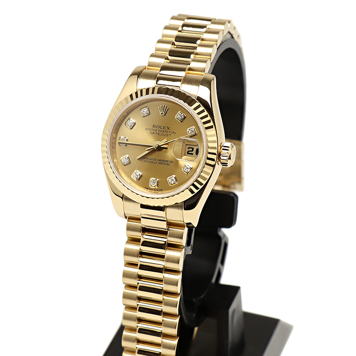 美品 ロレックス デイトジャスト 10Pダイヤ G品番 179178G シャンパン文字盤 YG レディース 腕時計