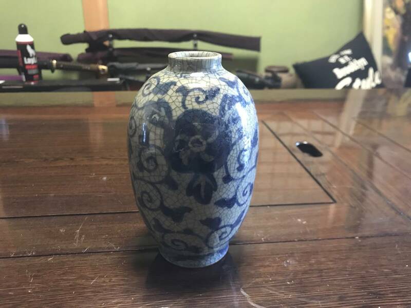 時代品　染付唐草模様古陶器床置花入時代物