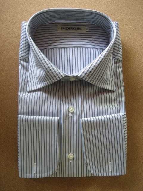 ワイシャツ ブルー ブラウン ストライプ セミワイド 長袖 シャツ (L サイズ 首廻り41cm) 未使用品