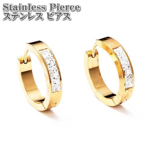 ステンレスピアス ラインストーン フープピアス ゴールド 両耳用(2個セット) 21x21x4mm ステンレス ピアス Gold
