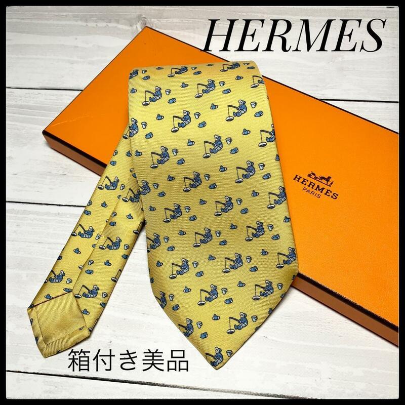 ★箱付き美品★ HERMES エルメス ネクタイ 釣り人 総柄 シルク 絹 メンズ スーツ シャツ ビジネス パーティー フォーマル 箱 ケース BOX