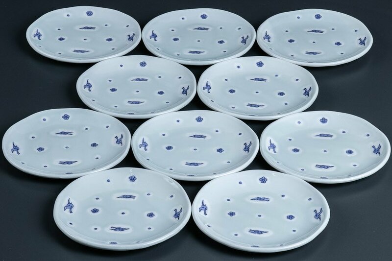 【うつわ】『 青白磁花鳥文丸皿 5寸皿 10客 10342 』 10個組 料亭 日本料理 懐石 会席 和食器 うつわ 器 焼物 陶器 磁器 陶磁器