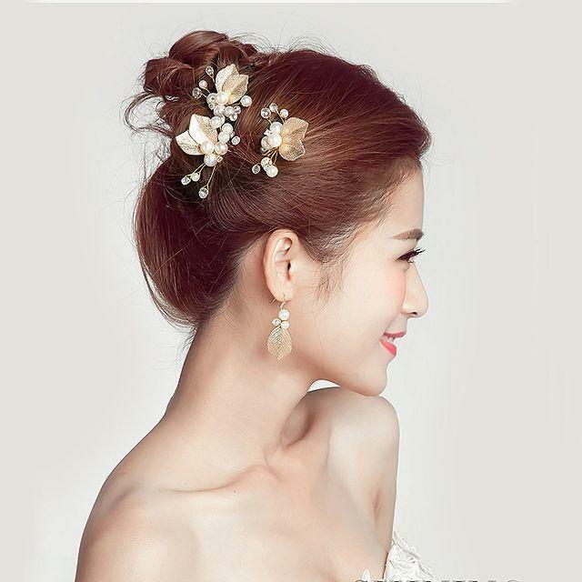 金葉ラインストーン髪飾りドレスヘアピン3本セット結婚式パーティーフォーマル