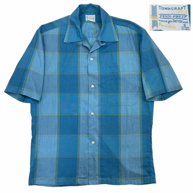 希少 TOWN CRAFT タウンクラフト 60s 70s チェック柄 半袖シャツ サイズS ブルー Penneysタグ ボックスシャツ vintage やや汚れ有 A2374