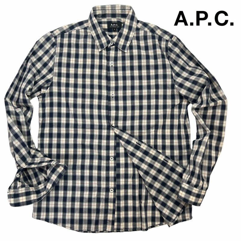 極美品 A.P.C. アーペーセー 長袖シャツ サイズM ネイビー アイボリー チェック柄シャツ 近年モデル 美シルエット フランス 人気 A2379
