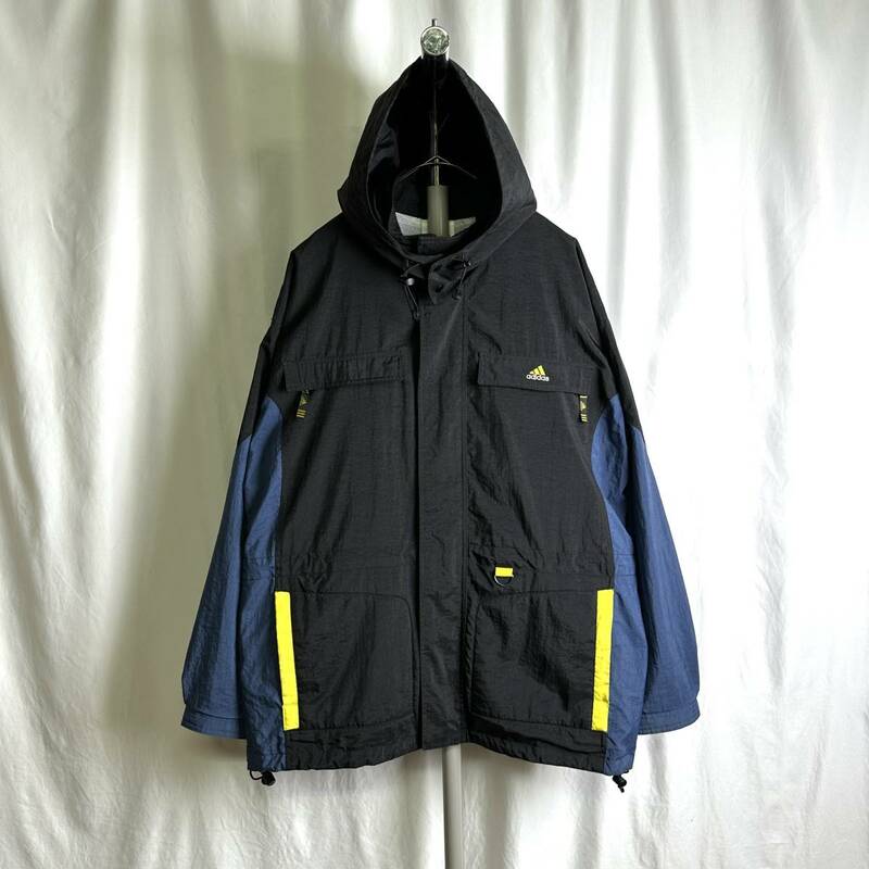 90s adidas ナイロン ジャケット XL ビッグサイズ ネイビー ブラック イエロー パーカー アディダス 80s 00s 古着 オールド ビンテージ