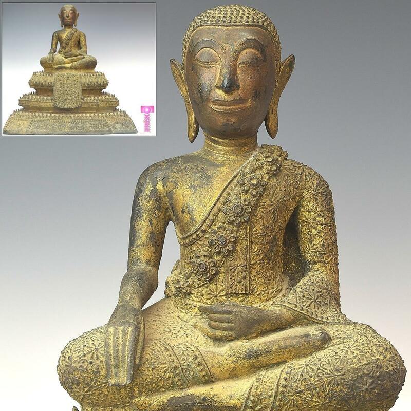 【趣楽】 仏教美術　１８世紀　泰国　古銅塗金座仏像　高さ３７ｃｍ　重量１０，６ｋｇ　タイ　本物保証　Ｘ１９１１