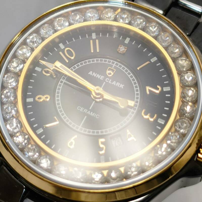 アンクラーク ANNE CLARK AU-1028-03 3針 クォーツ アナログ 腕時計 ブラックセラミック 稼働品 【9576
