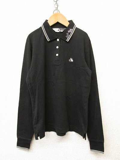 k5861：日本製！ブラック＆ホワイト(Black ＆ White) レディース長袖ポロシャツ 2 カットソー/ゴルフウェア 黒シルバー/ロゴ刺繍：35 