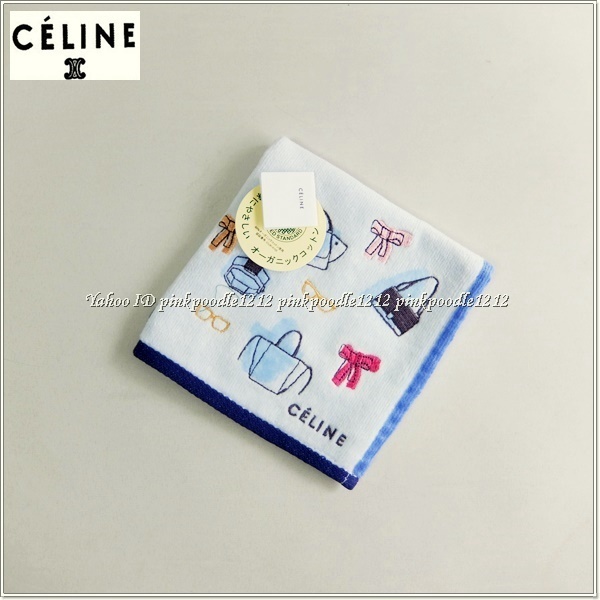 ◆CELINE セリーヌ オーガニックコットン タオルハンカチ 未使用◆水色 バッグリボンメガネの刺繍◆ 