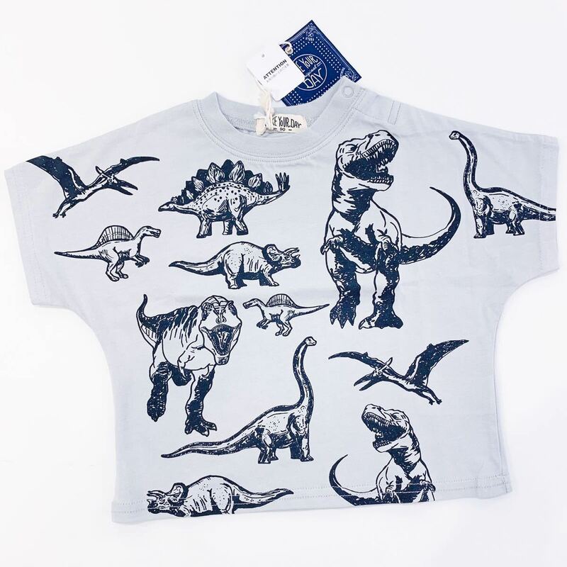 【新品未使用】メイクユアデイ make your day　100㎝ Tシャツ 半袖 ライトグレー 恐竜 ティラノサウルス ステゴサウルス トリケラトプス