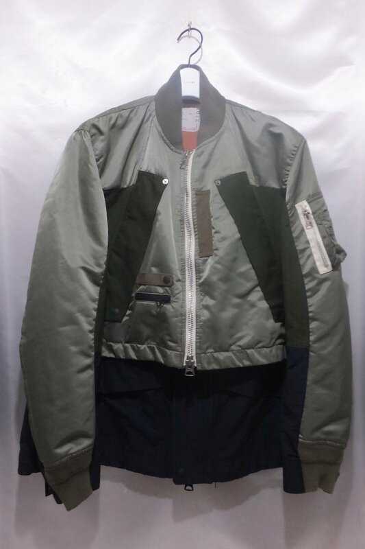 sacai サカイ ナイロンツイルミックスブルゾン ドッキングボンバージャケット 美品 22-02707M サイズ1 カーキ系 メンズ