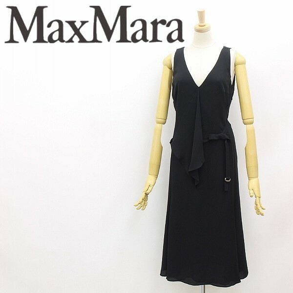 白タグ◆Max Mara マックスマーラ フリル Vネック ベルト付 ノースリーブ ワンピース 黒 ブラック 36