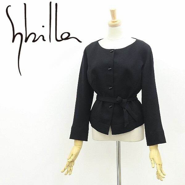 美品◆Sybilla シビラ リボンベルト付 ノーカラー ジャケット 黒 ブラック M