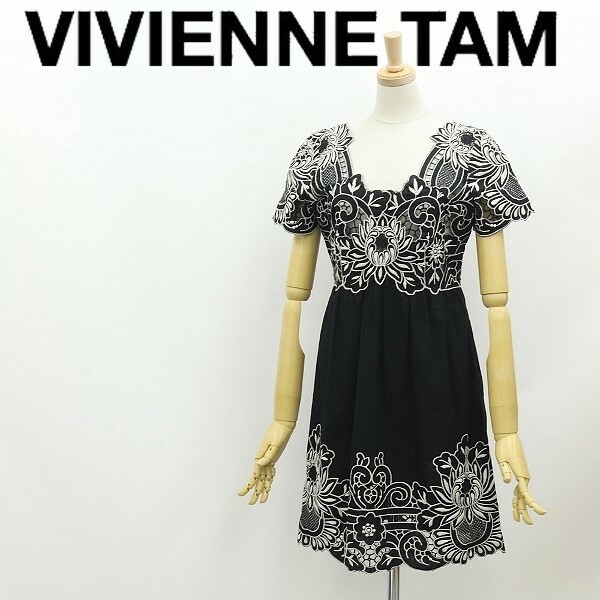 ◆VIVIENNE TAM ヴィヴィアンタム リネン100％ 透かし編み 花 フラワー刺繍 フレア ワンピース 黒 ブラック×ホワイト
