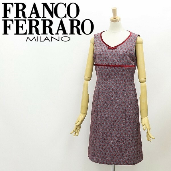 美品◆FRANCO FERRARO フランコフェラーロ ラメ混 ドット柄 リボン パイピング ノースリーブ ワンピース 2