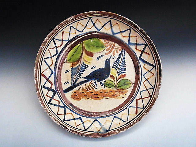古民芸 ◆ メキシコ トナラ焼 青い鳥 絵皿　
