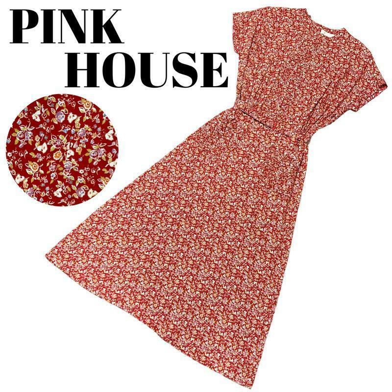 【希少】美しいシルエット PINK HOUSE ピンクハウス ロング ワンピース 半袖 花柄 総柄 ふんわり ベルト付き Aライン ポケット レーヨン