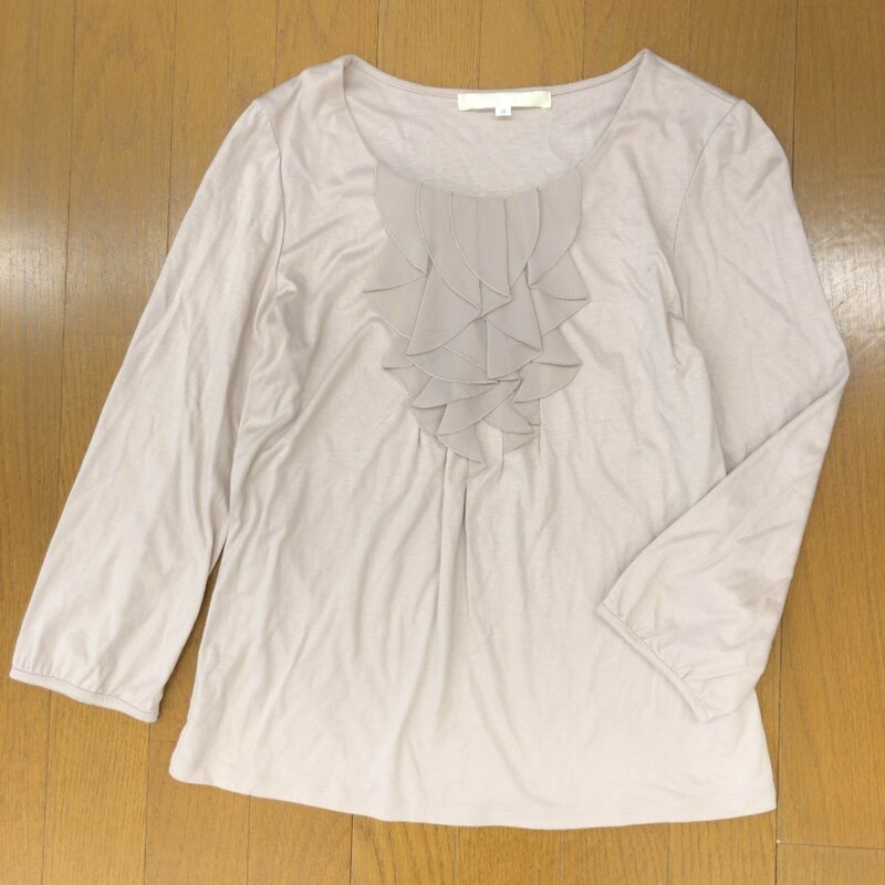 美品 NATURAL BEAUTY ナチュラルビューティー レース装飾 ストレッチ カットソー 38(M) ピンクベージュ 日本製 長袖 Tシャツ レディース