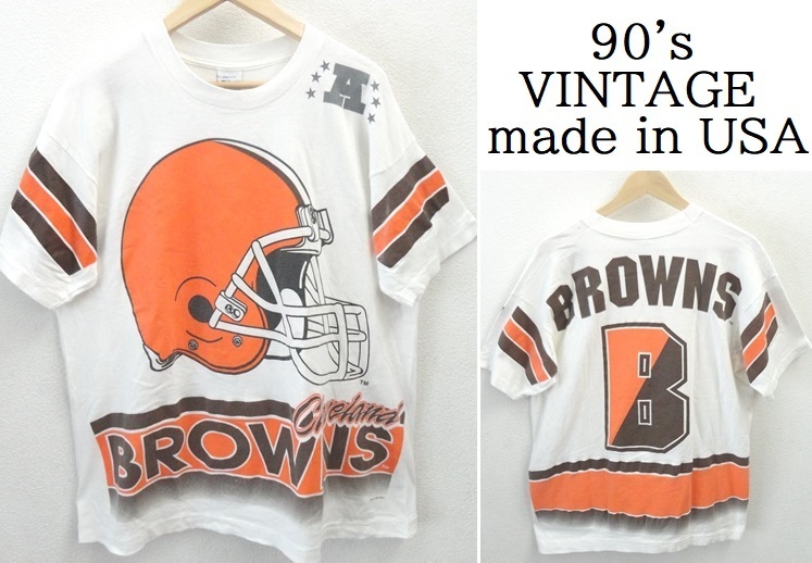 90's ヴィンテージ/USA製/94年製造/NFL/Cleveland BROWNS:クリーブランド ブラウンズ/全面プリント Tシャツ/ホワイト/Lsize/アメリカ製