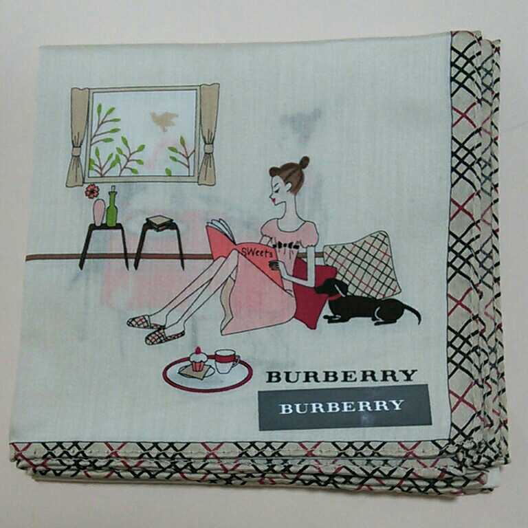 BURBERRYバーバリーハンカチ【　女の子/ピンクのワンピース・犬　】アイボリー・ふちノバチェック柄